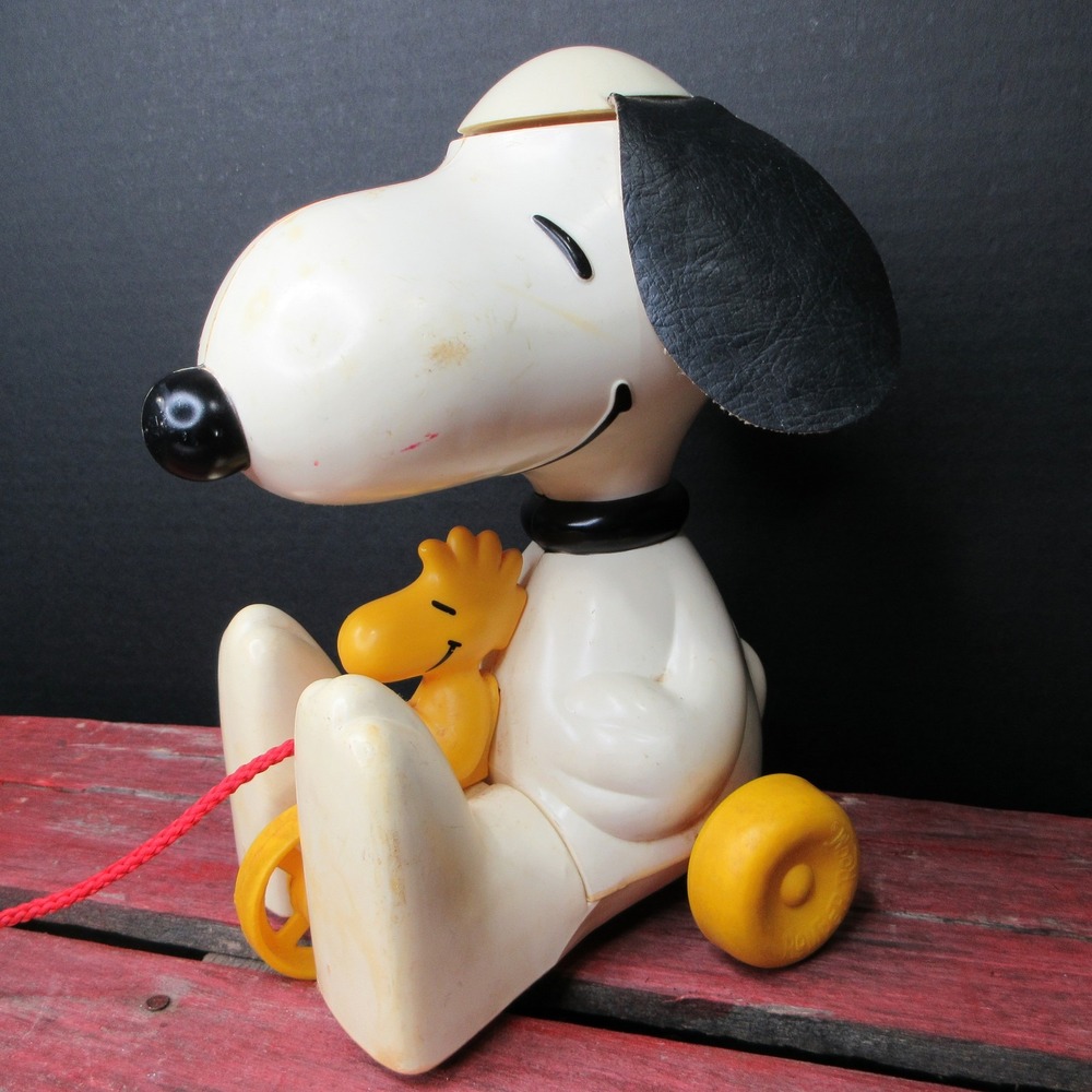 Vintage 1968 Fisher-Price Snoopy & Woodstock Pull Toy Peanuts Dog Walker